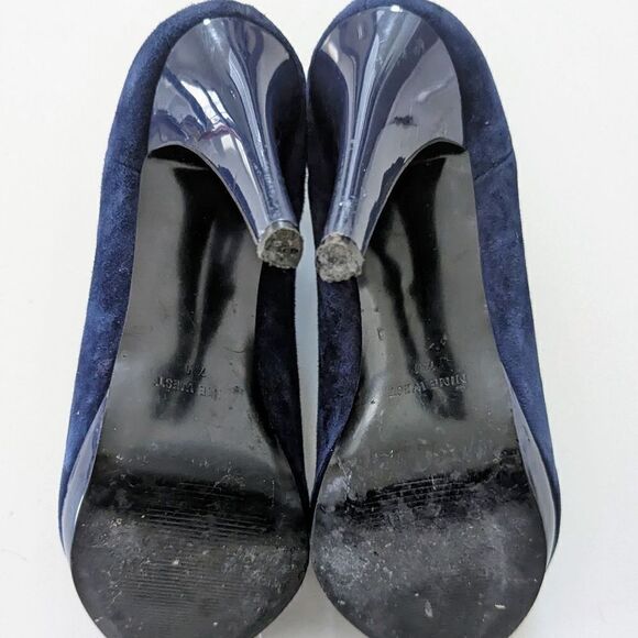 Nine West Booties Open Toe Suede Ankle Boots Slips Deep V Cut Blue 7 4" Heels - Picture 7 of 7